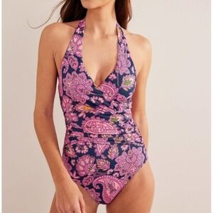 Boden Levanzo Paisley Ruched Halter One Piece Swimsuit 12R Tummy Control Pink